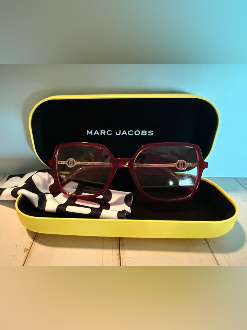 Marc Jacobs Burgundy Red Frame Sunglasses with Yellow Case Accent